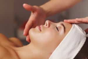 A woman getting prepared for a Hydrafacial in Temecula, CA